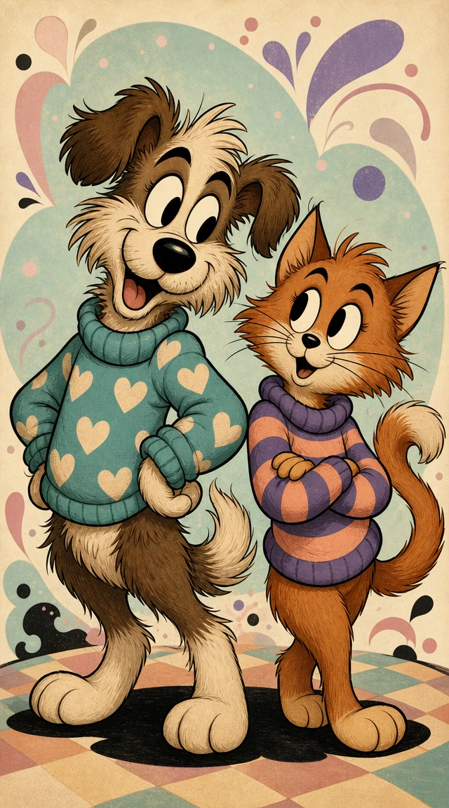 Cartoon-Hund und -Katze in bunten Pullovern vor pastellfarbenem Hintergrund