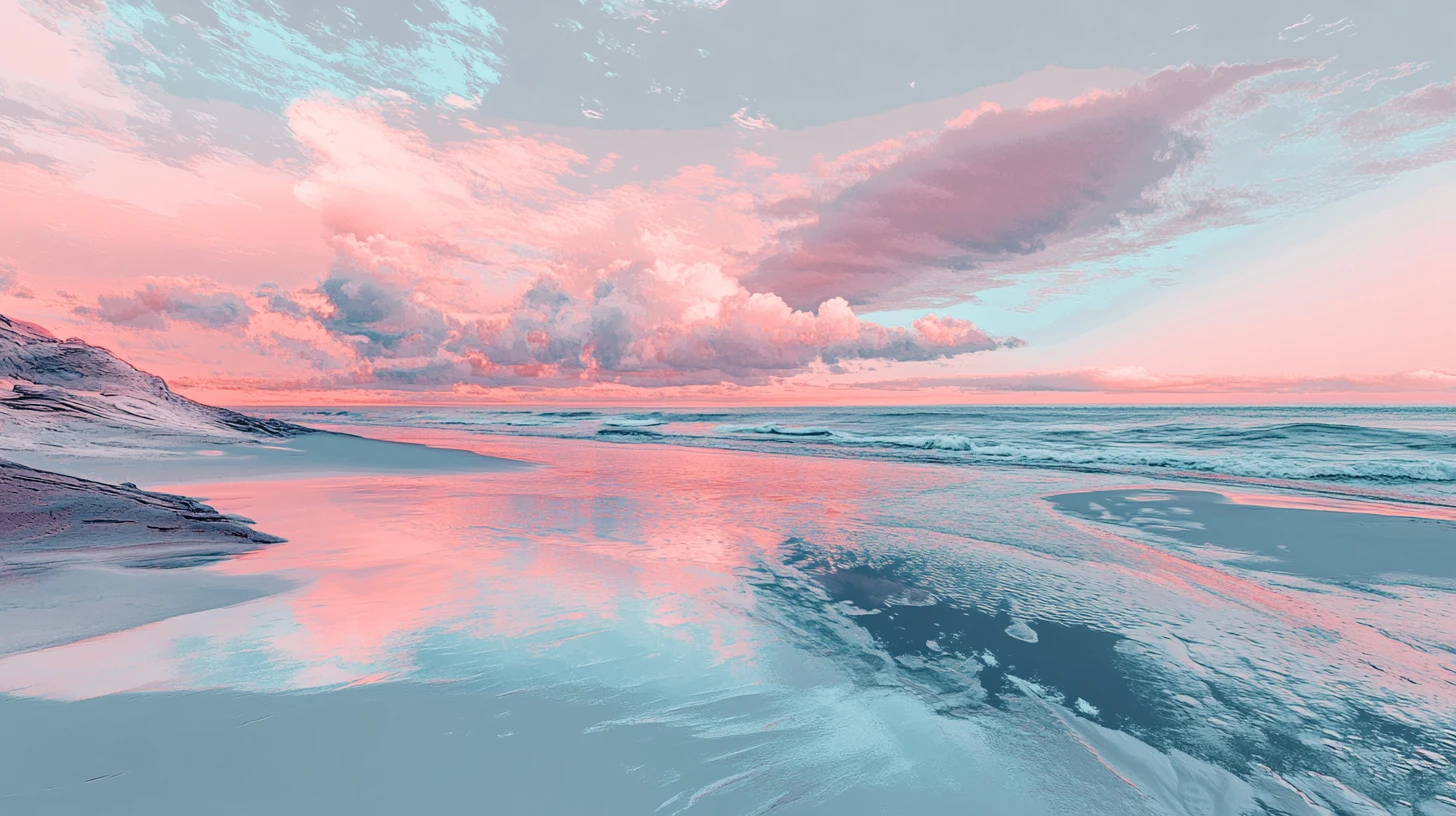 Stiller, surrealer Strand in pastell-metallischen Tönen