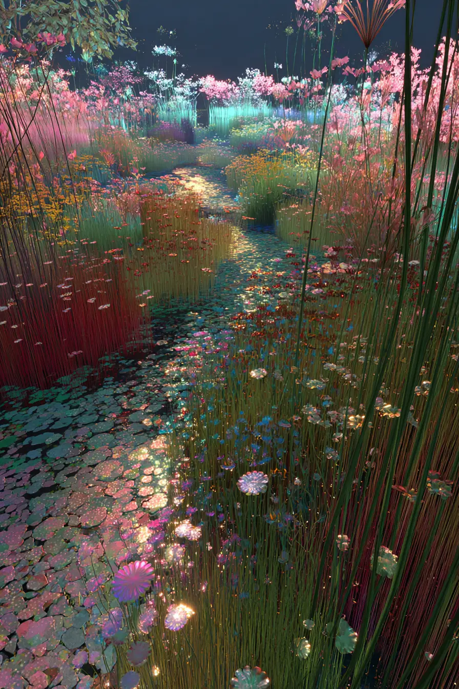 Sentiero di giardino fantasy mistico con fiori iridescenti