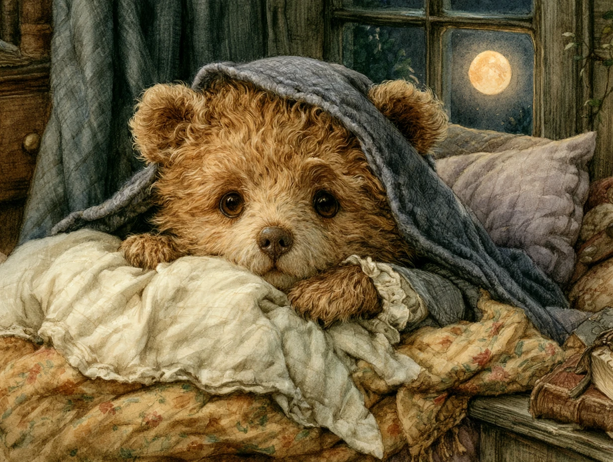 Kleiner Bär im Bett unter einem sanften mondbeschienenen Himmel