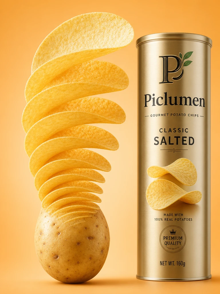 Patata fluttuante che si trasforma in sfoglie di chips dorati