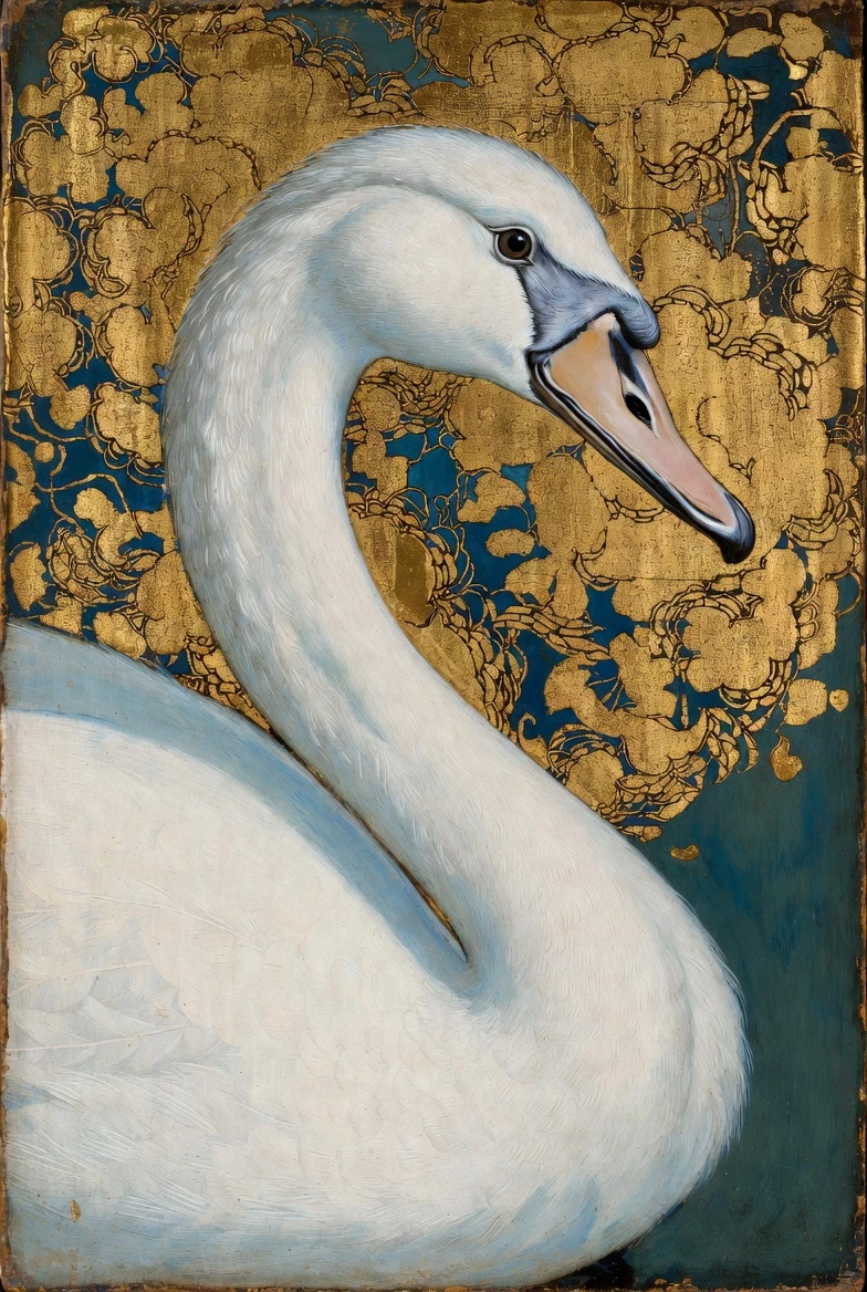 Peinture à la tempera d’un cygne blanc de profil sur panneau