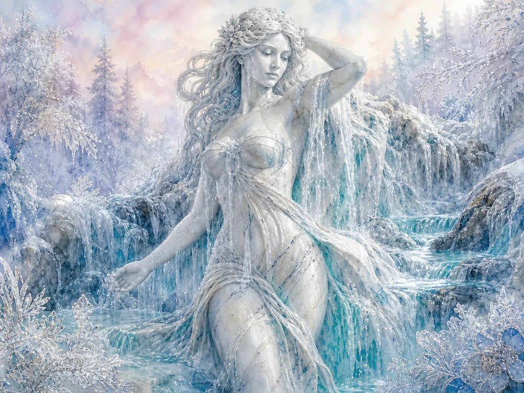 Estátua de Mármore da Mãe Natureza em um Serene Rio de Inverno