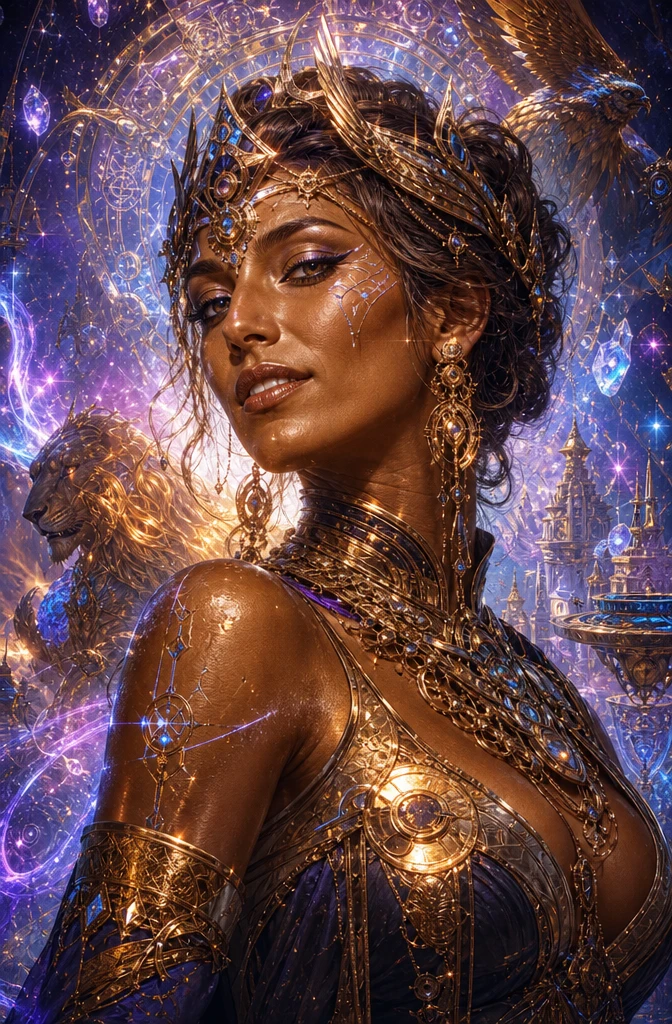 Rainha futurista misteriosa em um vibrante reino digital