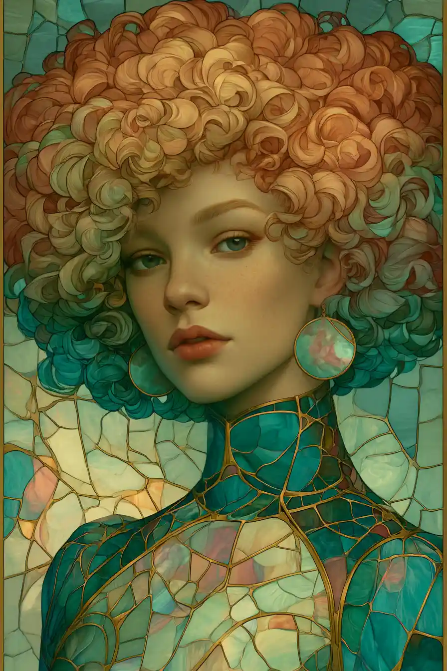 Stained glass portrait of a mysterious woman on gray background