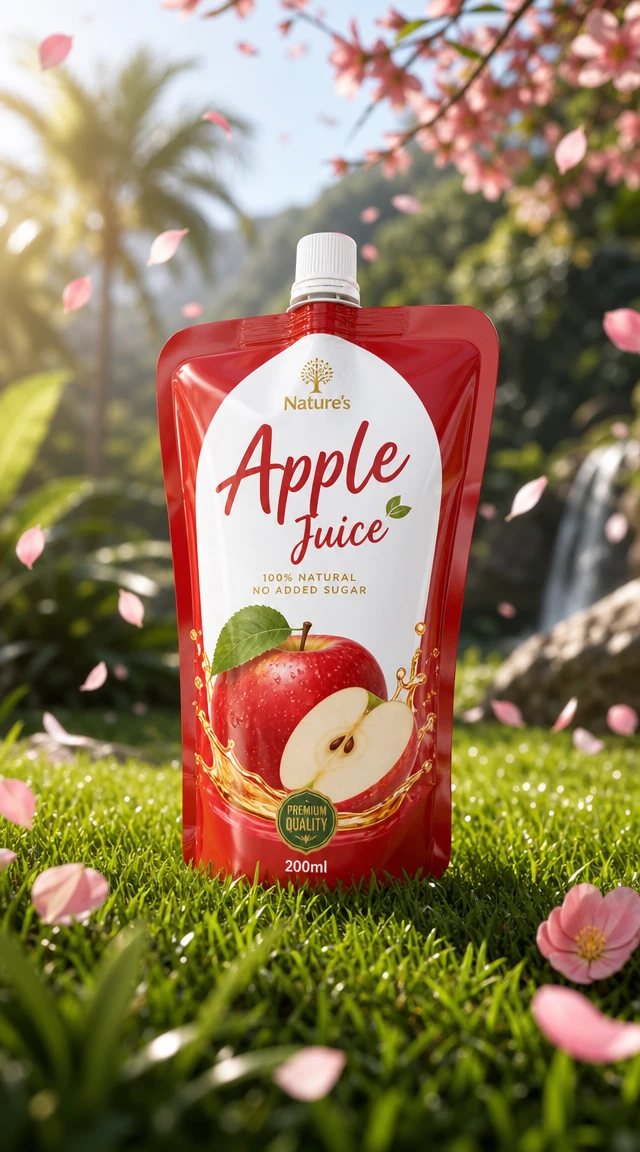 Sachet de suco de maçã de luxo em cenário exuberante de floresta tropical