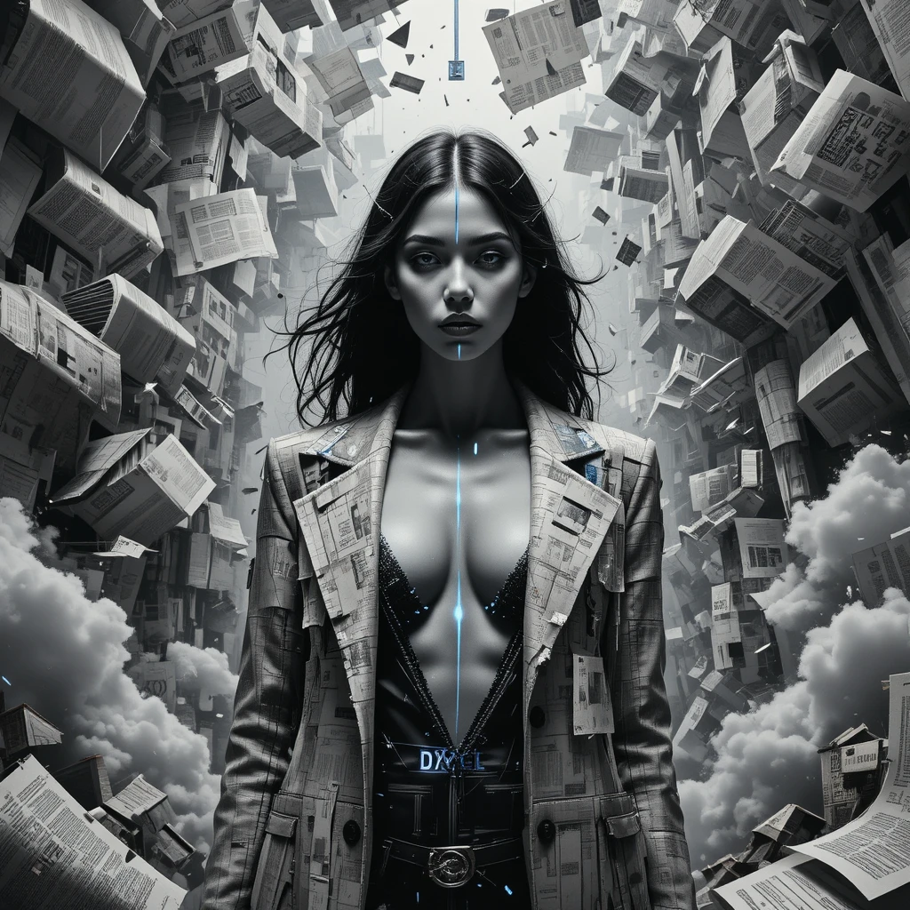 Surreal glitch fashion portrait of a grayscale woman