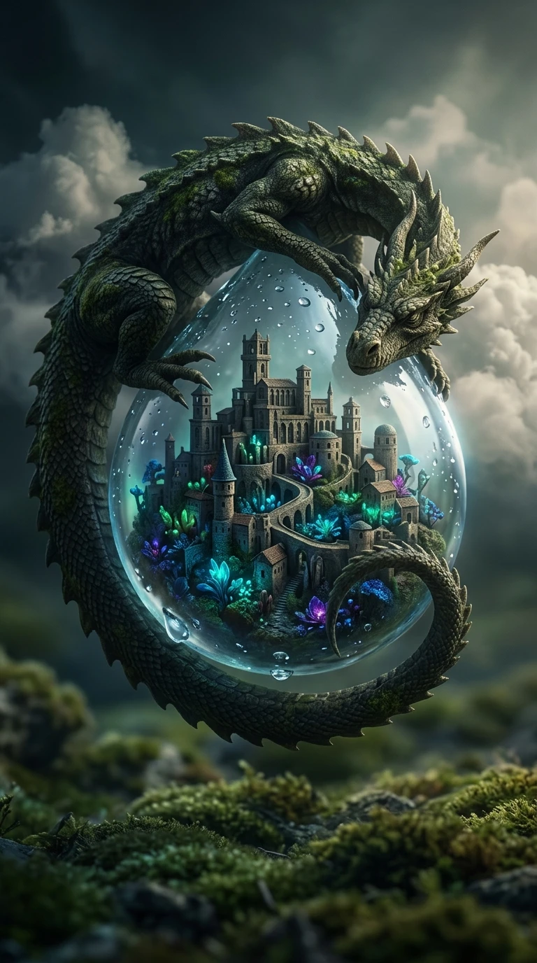 Dragão antigo guardando uma pequena cidade em uma gota de chuva