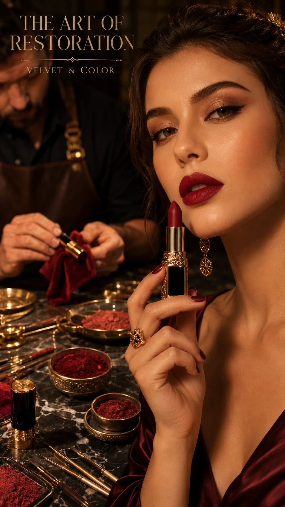 Batom de luxo em close com modelo feminina elegante