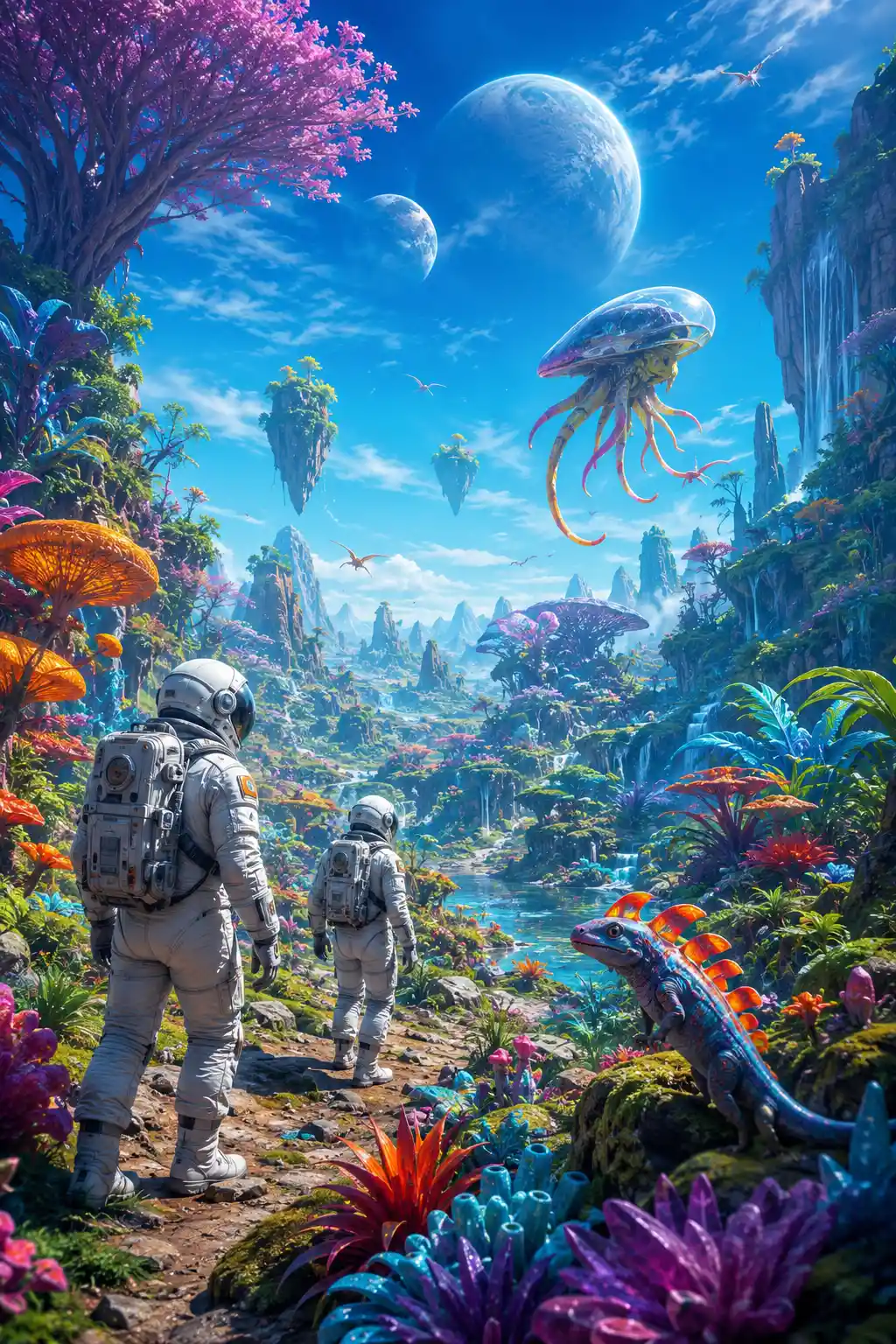 Astronauts Exploring A Lush Surreal Alien Landscape