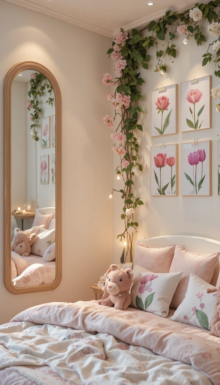 Accogliente cameretta per bambina con letto chiaro e arte floreale a parete