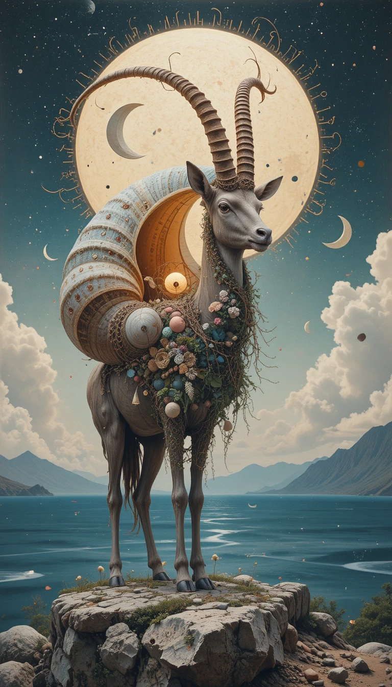 Surreales Stillleben mit Steinbock und Nautilus-Muschel am Meer