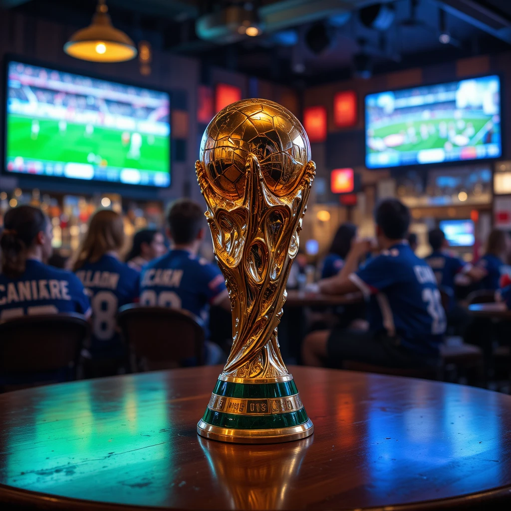 Troféu da Copa do Mundo sobre a mesa do bar com torcedores assistindo ao jogo
