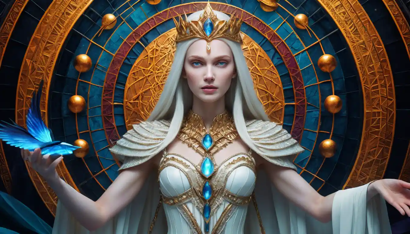 Mistica regina antica in un vibrante regno magico fantasy