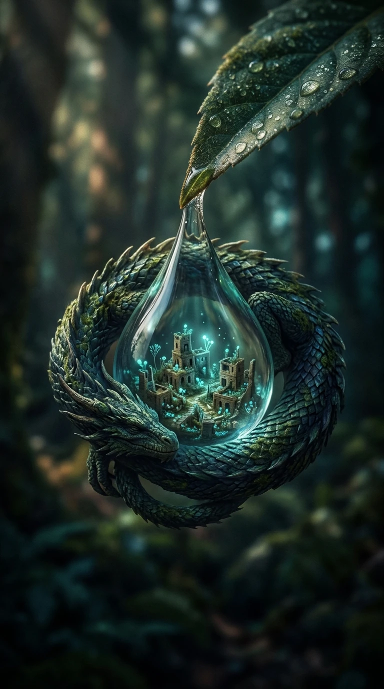 Dragón ancestral que protege una diminuta ciudad sobre una gota de lluvia