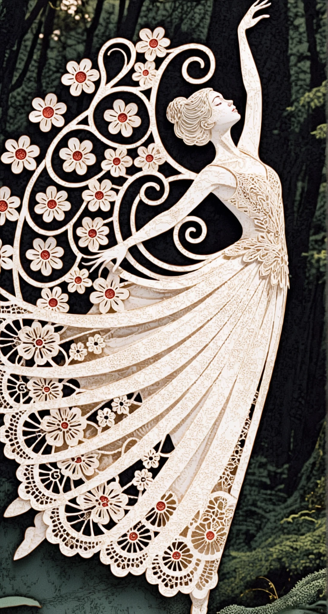 Filigraner Papierschnitt-Tänzer mit floraler Spitzendress auf der Bühne