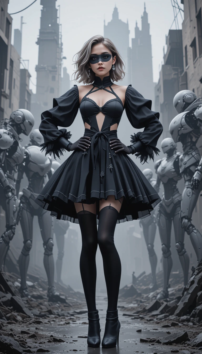 Weißhaariges Anime-Mädchen im schwarzen Kleid in zerstörter Stadt