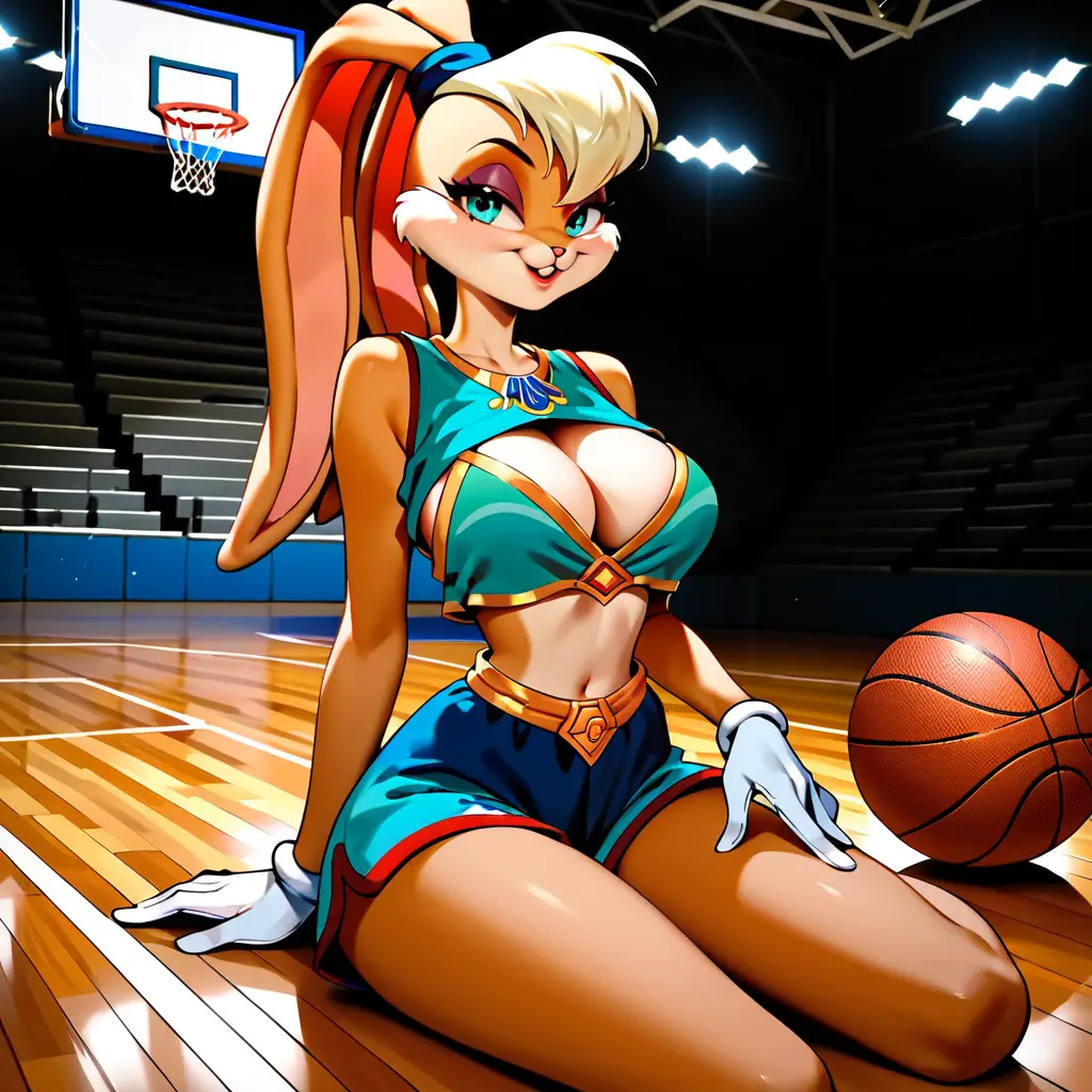 Anime woman sitting in an abandoned outdoor basketball court