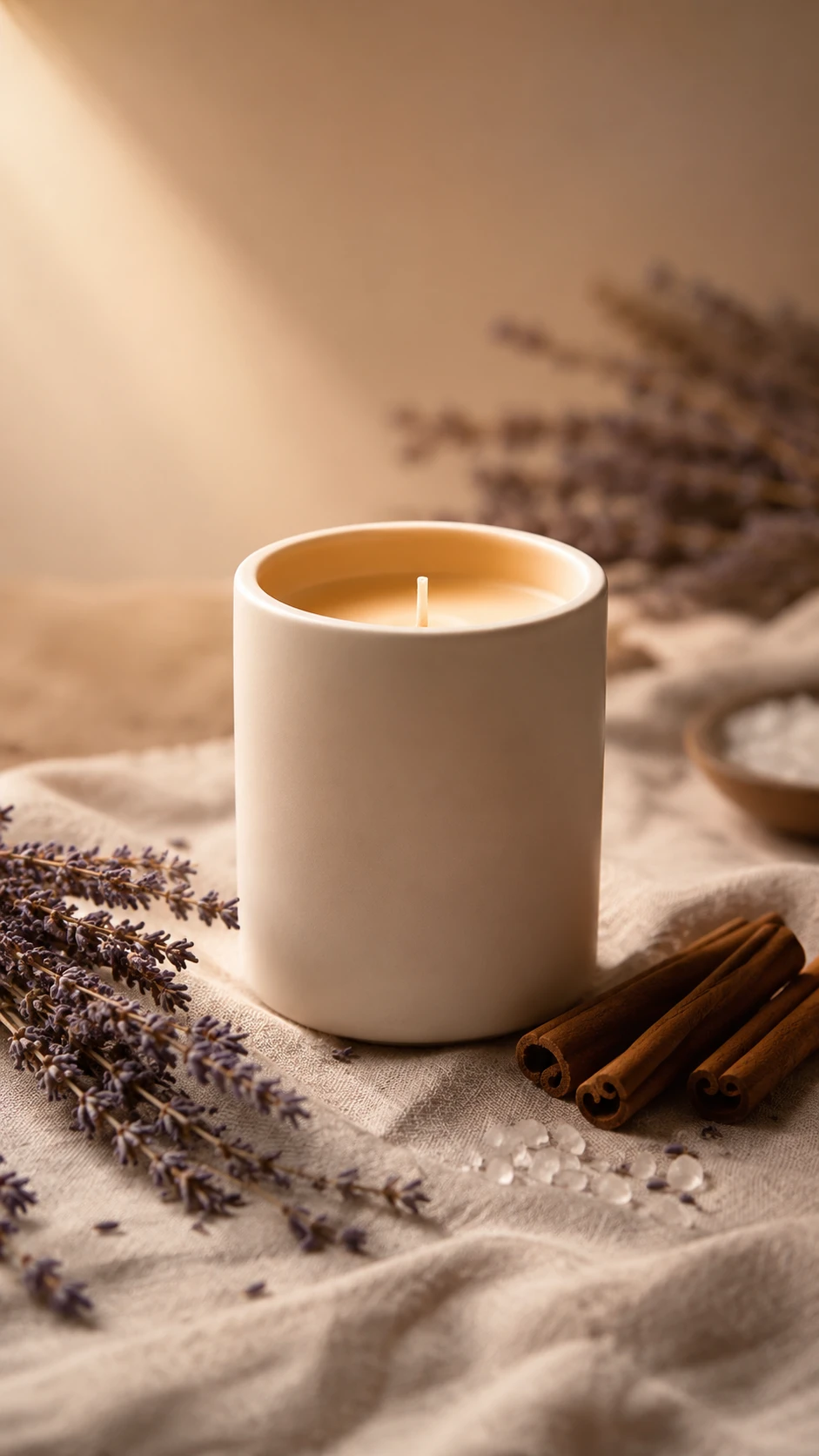Bougie minimaliste en céramique avec touches de lavande et de cannelle