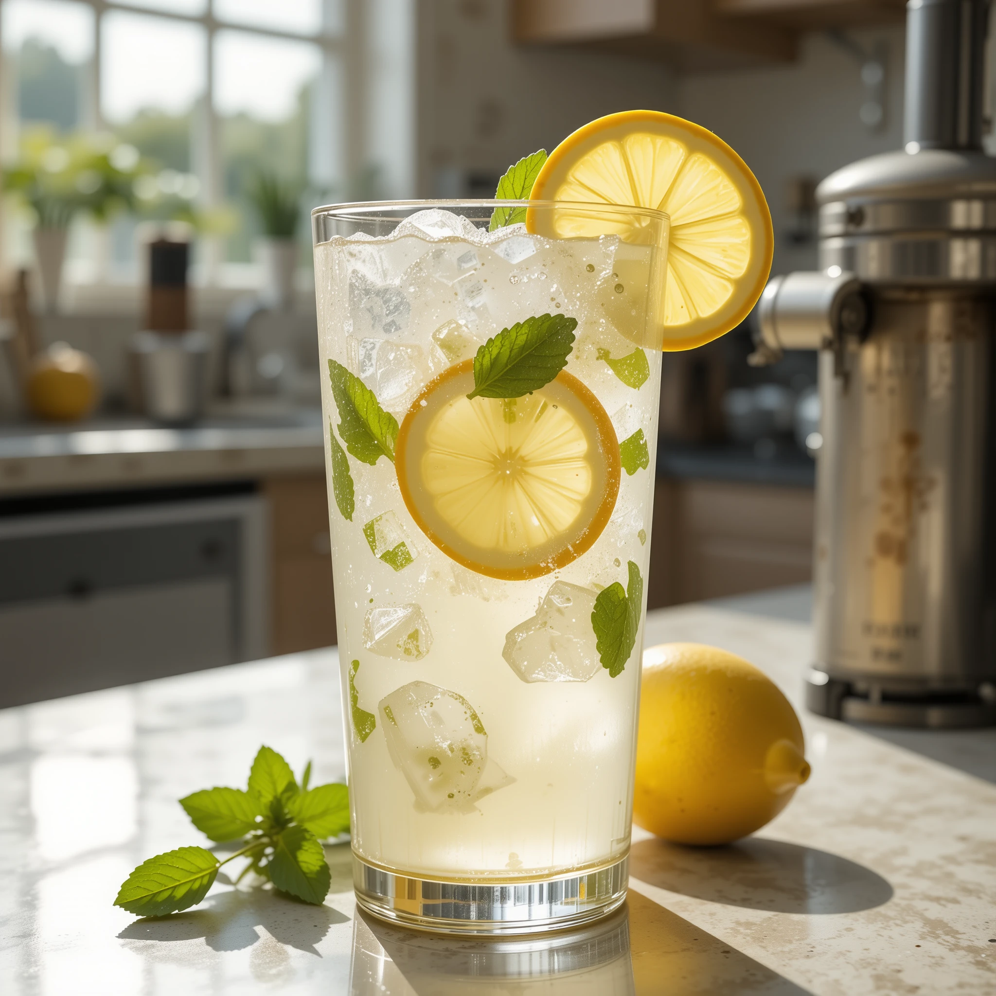 Gekühltes Limonadenglas auf sonnendurchfluteter Küchentheke
