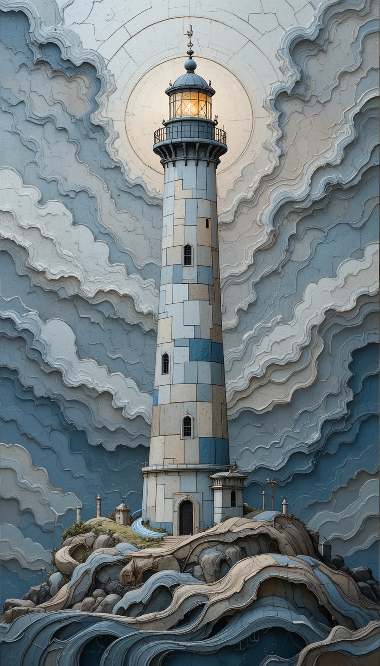 Paisagem marítima abstrata com farol em patchwork de pastéis suaves