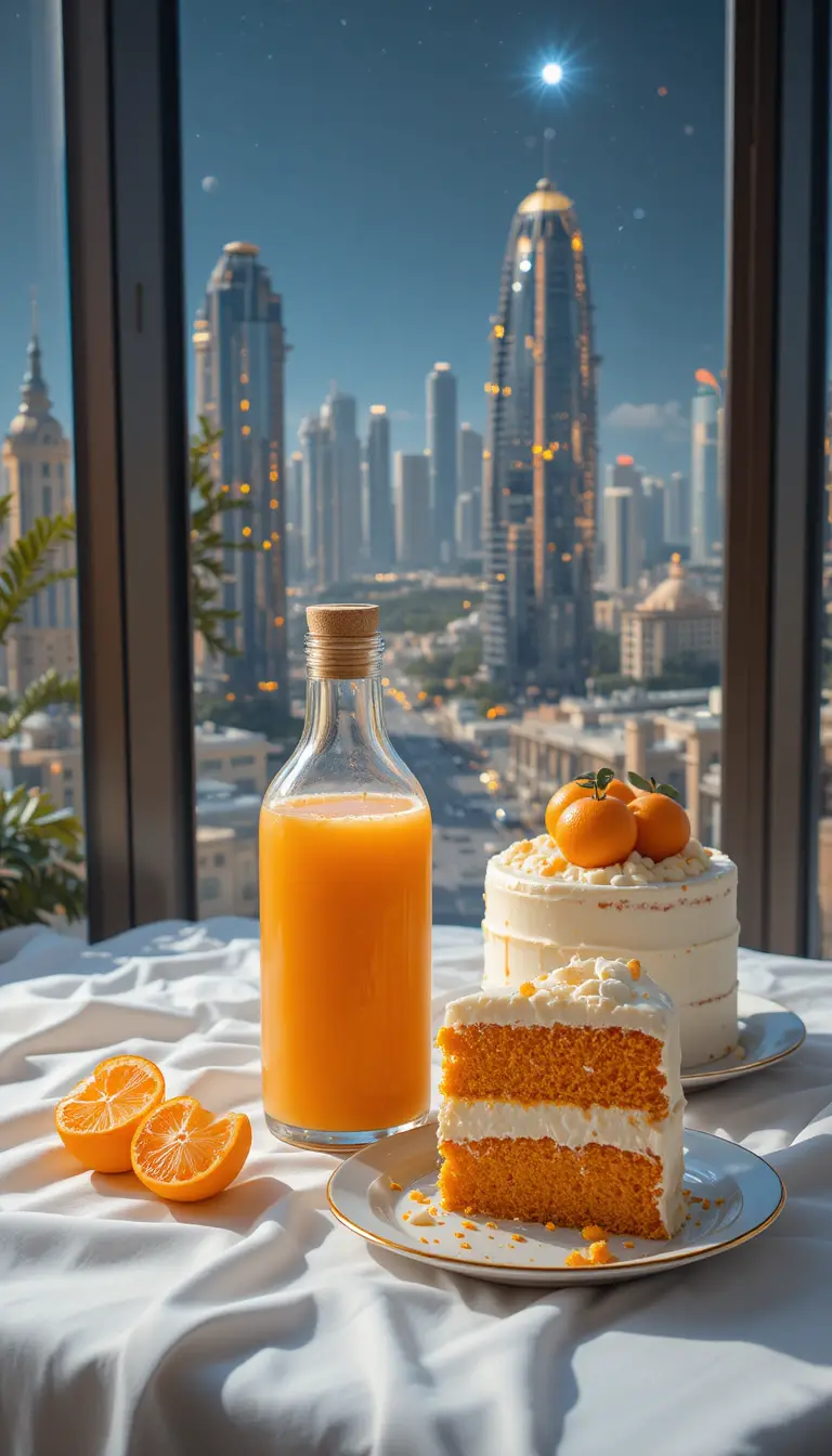 Élégants desserts à l’orange près d’une fenêtre surplombant Dubaï