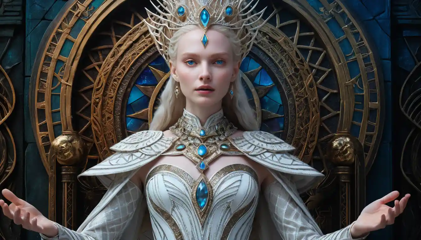Rainha antiga e mística em um reino mágico vibrante