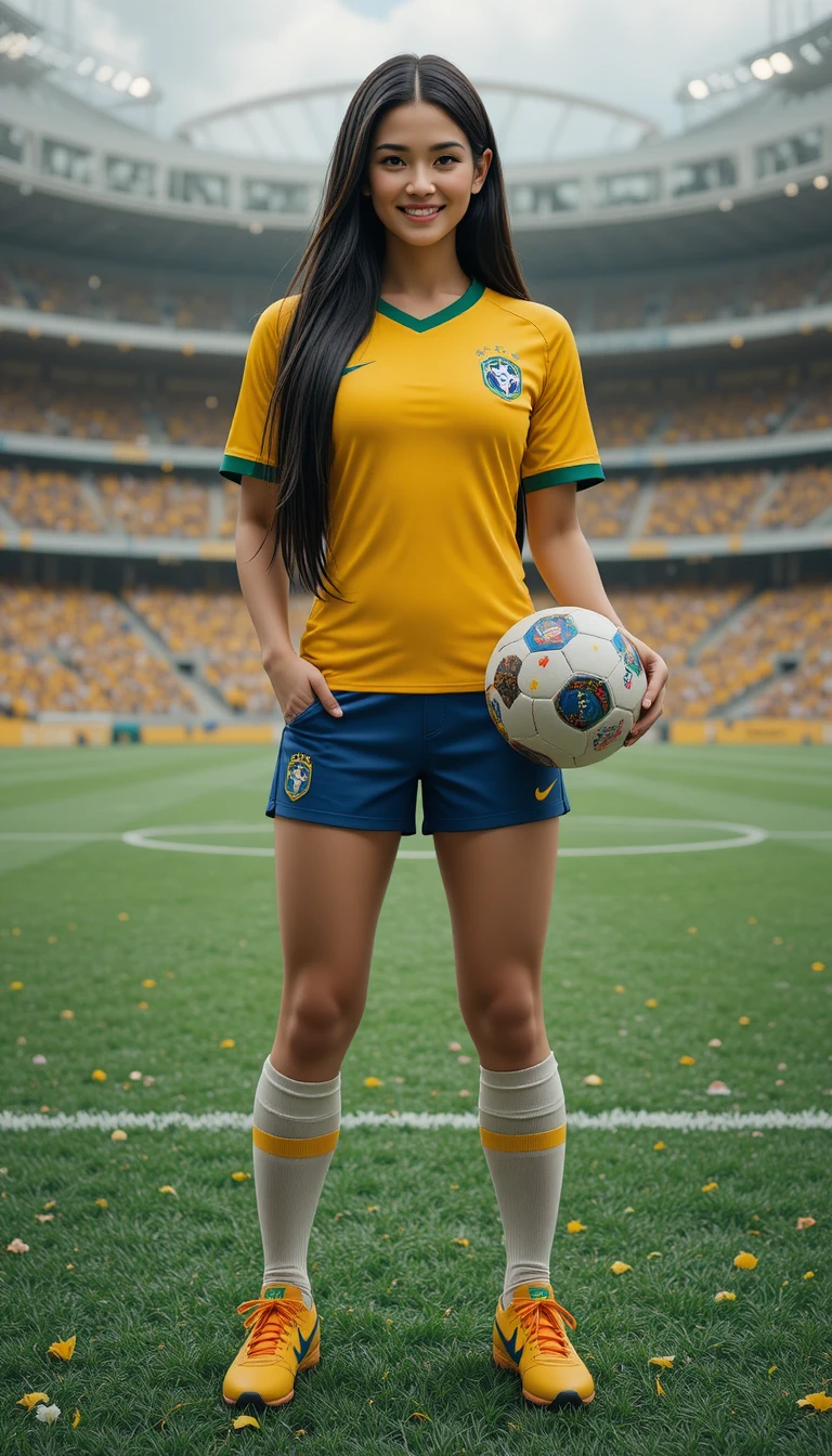 Smiling woman in Brazilian football outfit holding World Cup ball