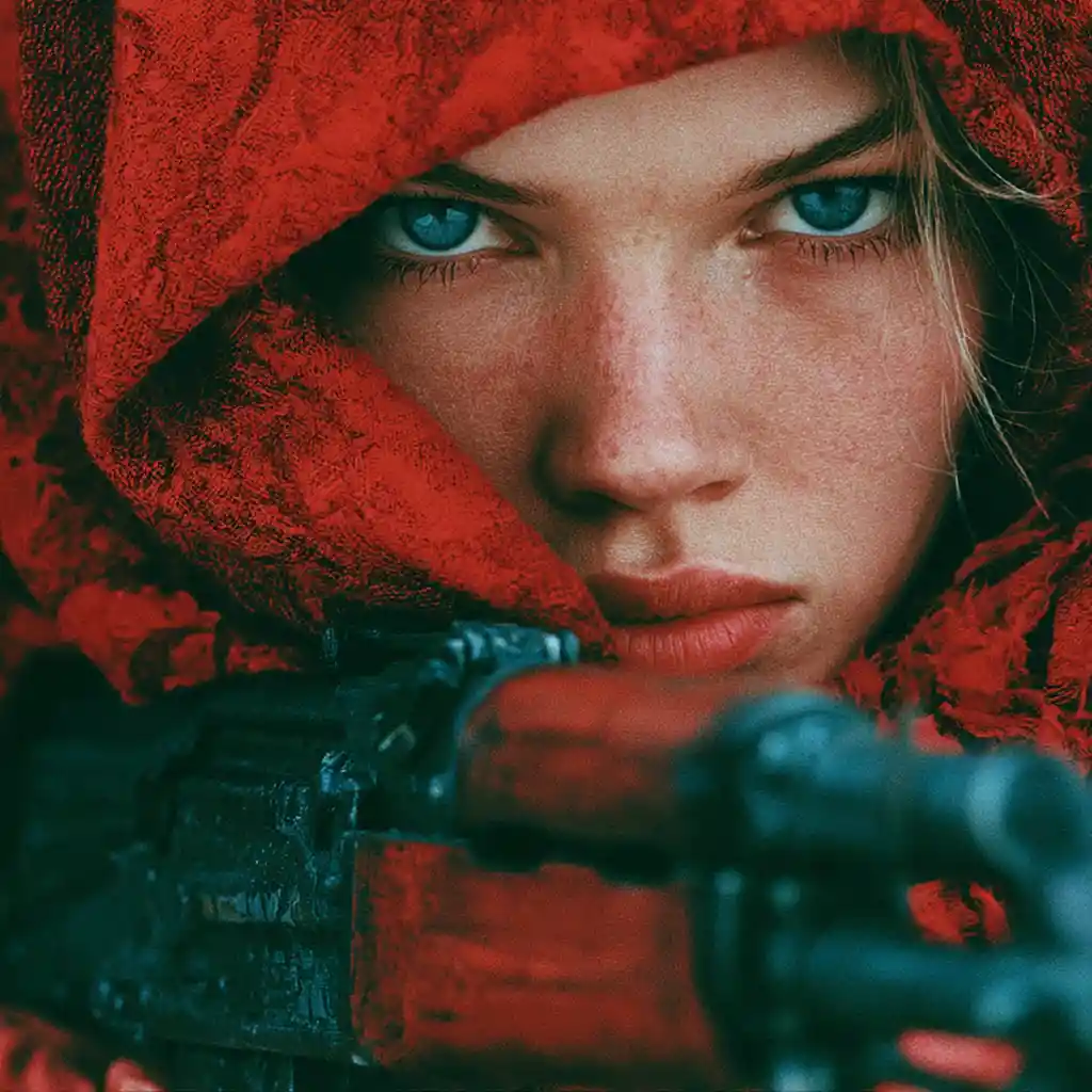 Woman in red hood holding rifle in cinematic portrait