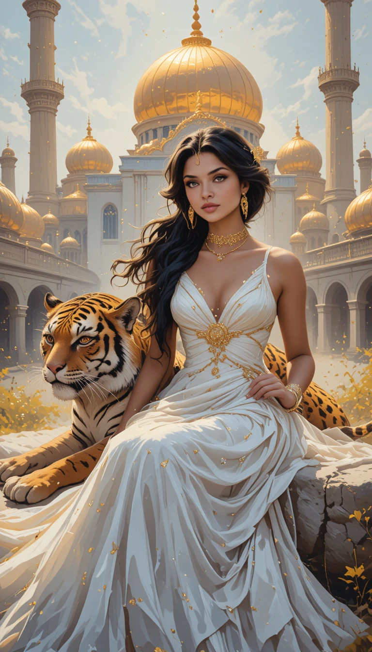 Mulher elegante com tigre diante de mesquita de cúpula dourada