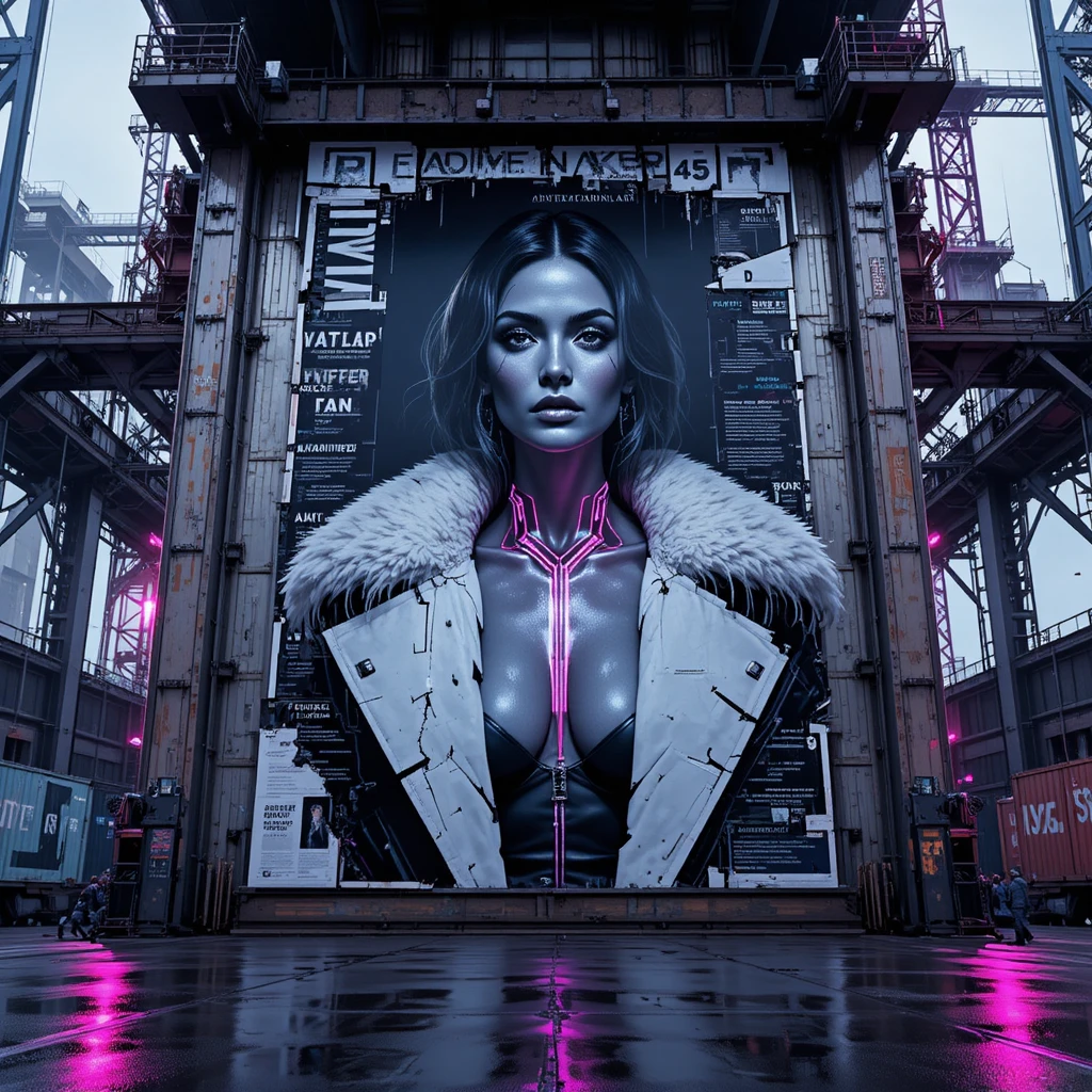 Affiche de femme noir cyberpunk sur plateforme orbitale abandonnée