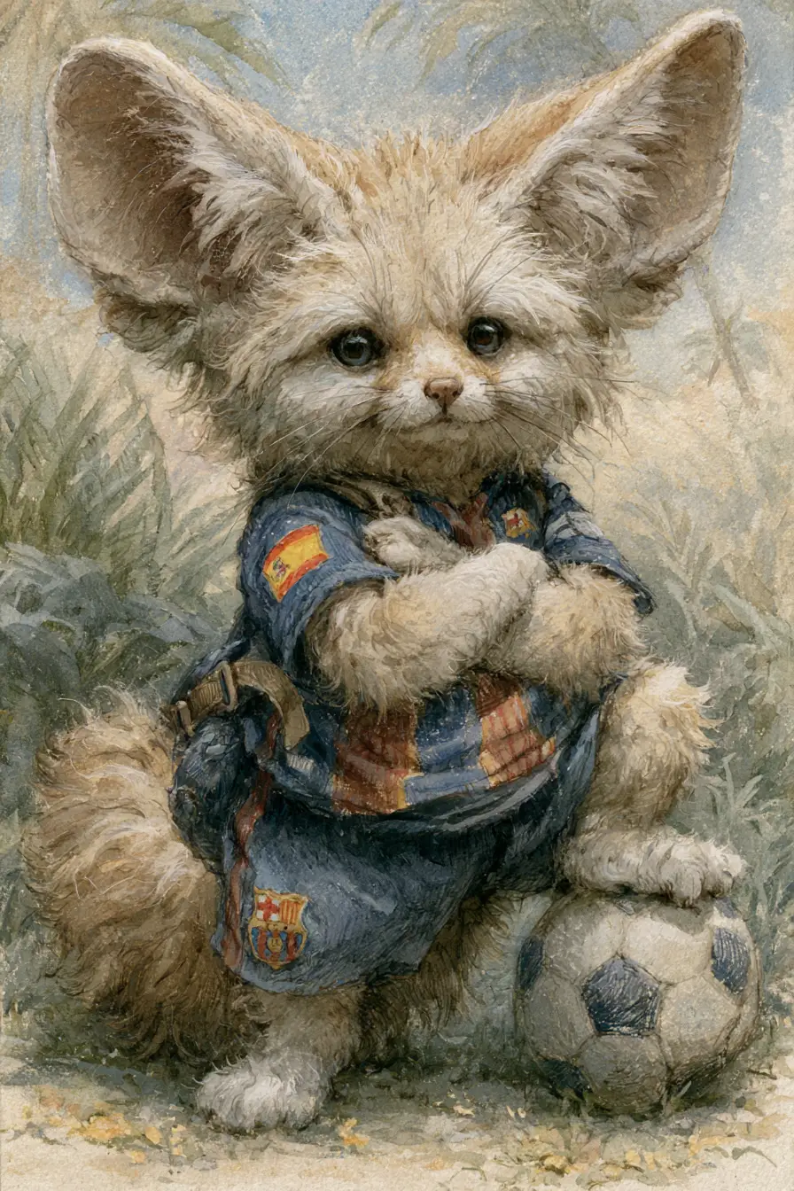 Plump fennec fox in soccer uniform on a sunny field