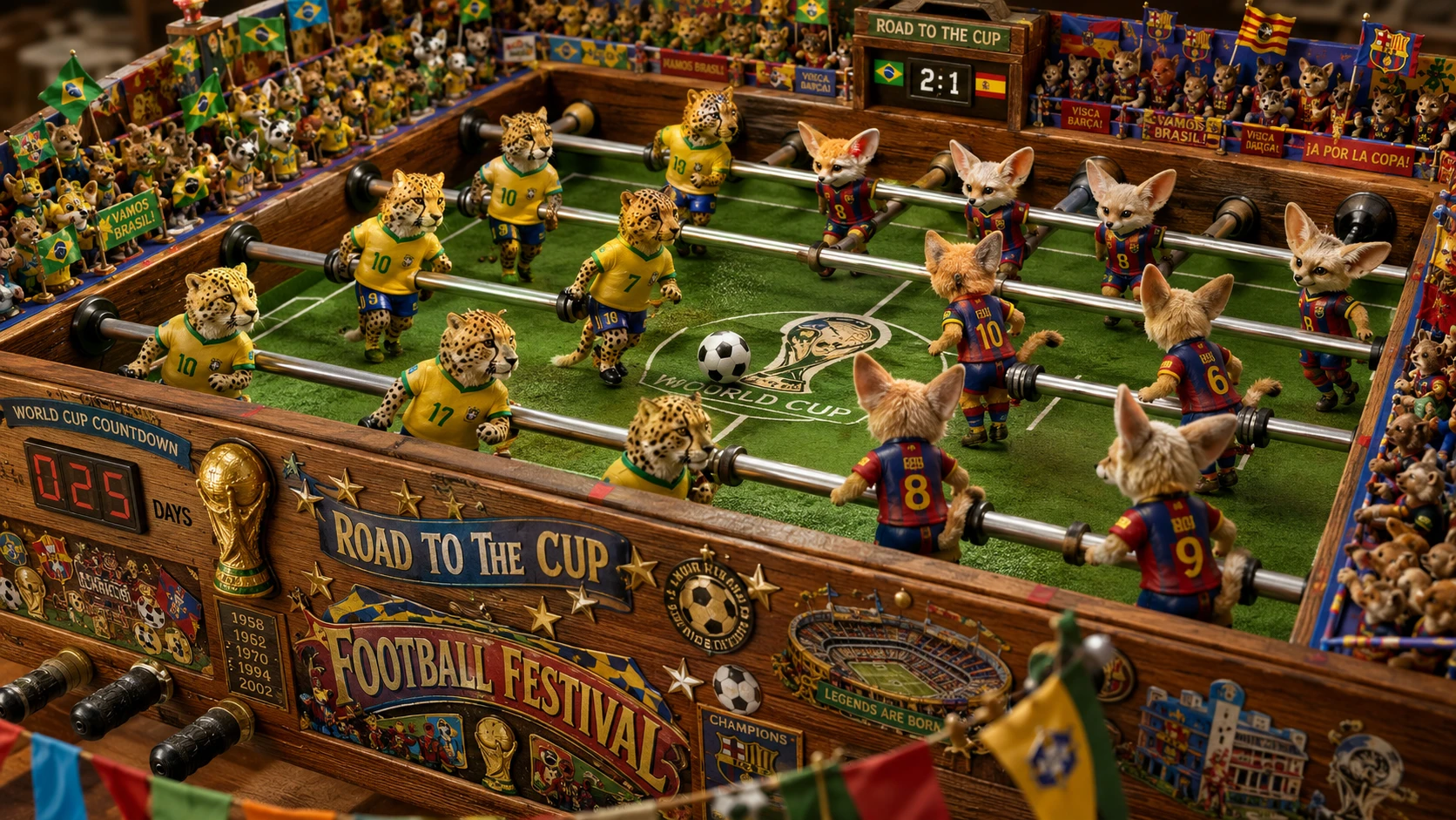 Fantasy foosball match with cheetah and fennec fox teams