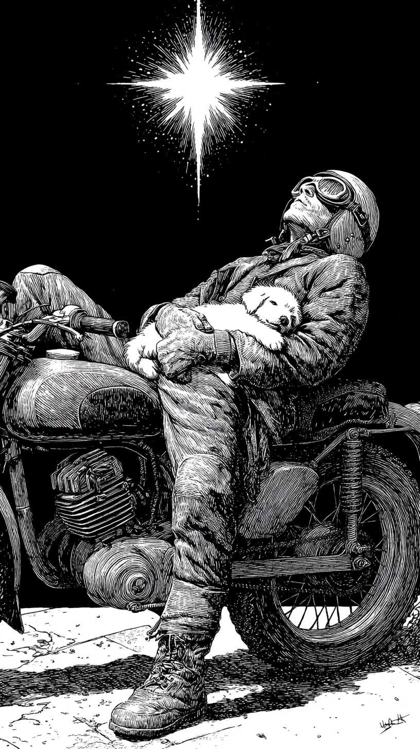 Motociclista cansado dormindo em moto vintage com filhote