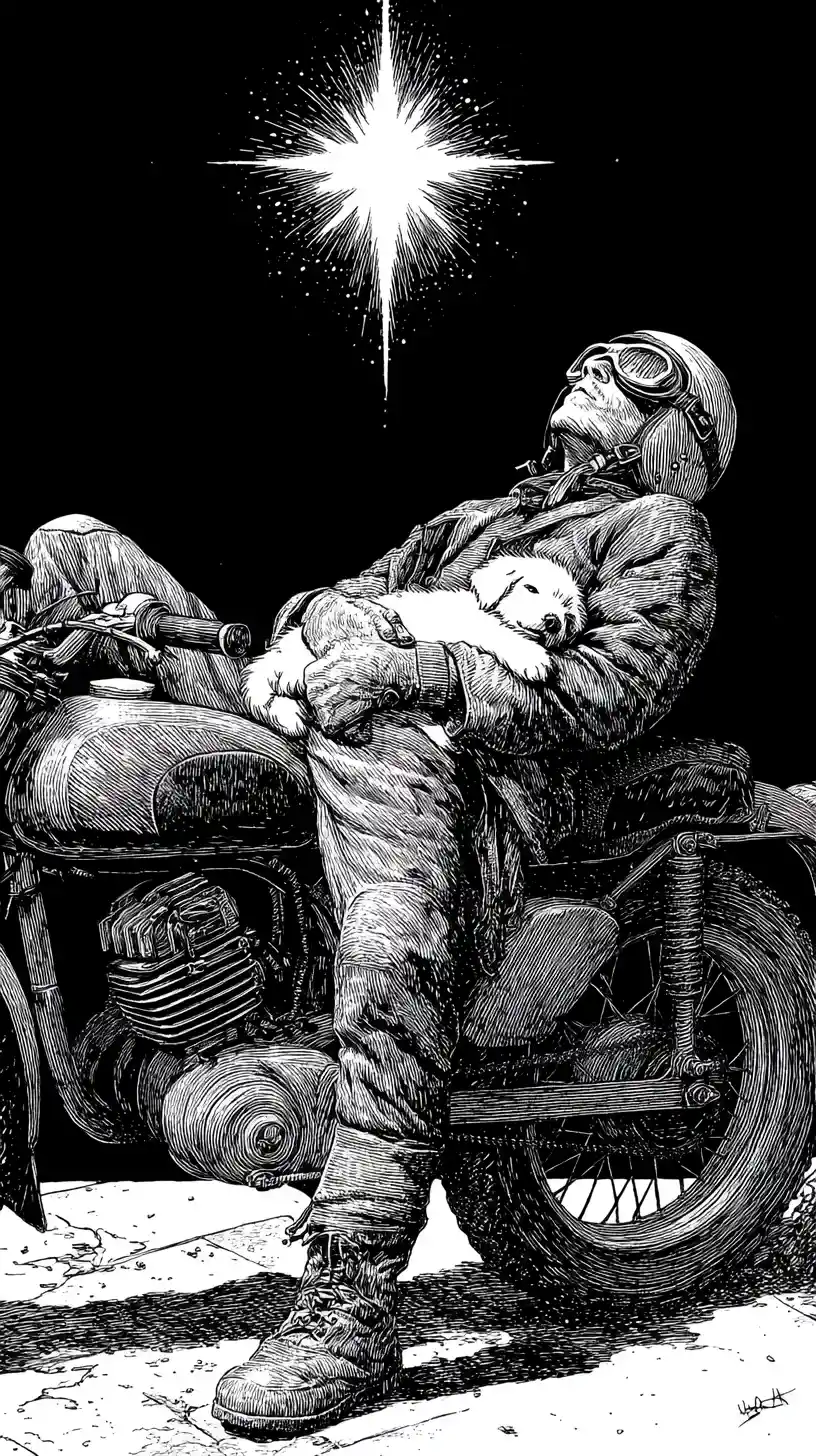 Tired biker sleeping on vintage motorcycle with puppy