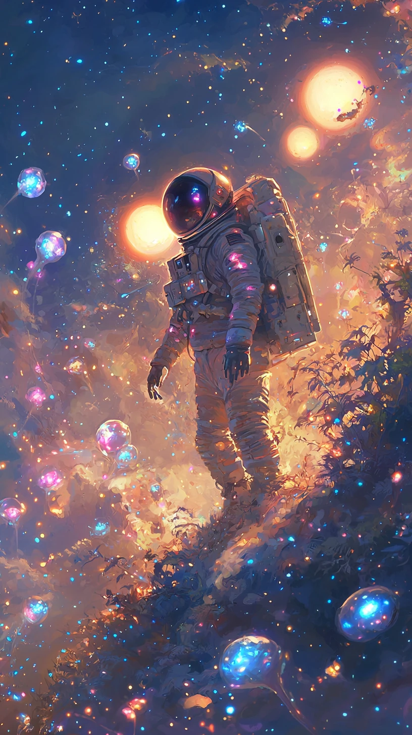 Astronauta che vaga da solo su un mondo alieno bioluminescente