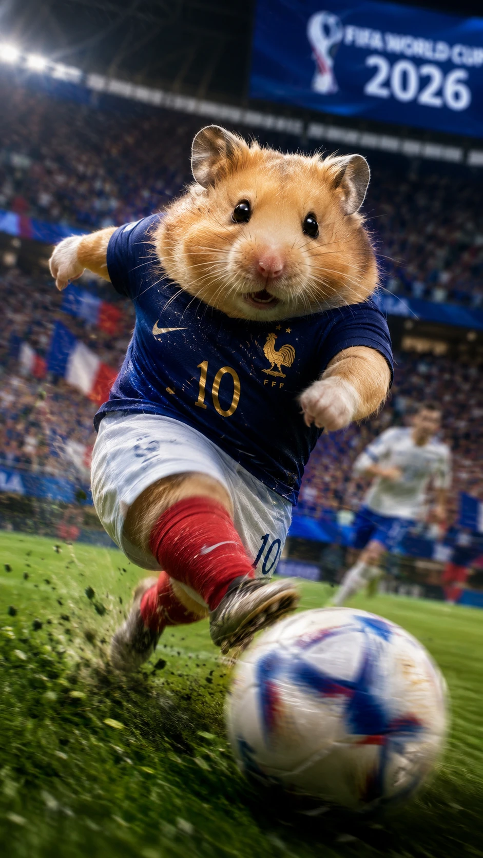 Hamster doré en maillot de l’équipe de France donnant un coup de pied dans un ballon de football