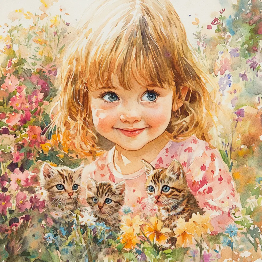 Watercolor girl in a flower garden with kittens