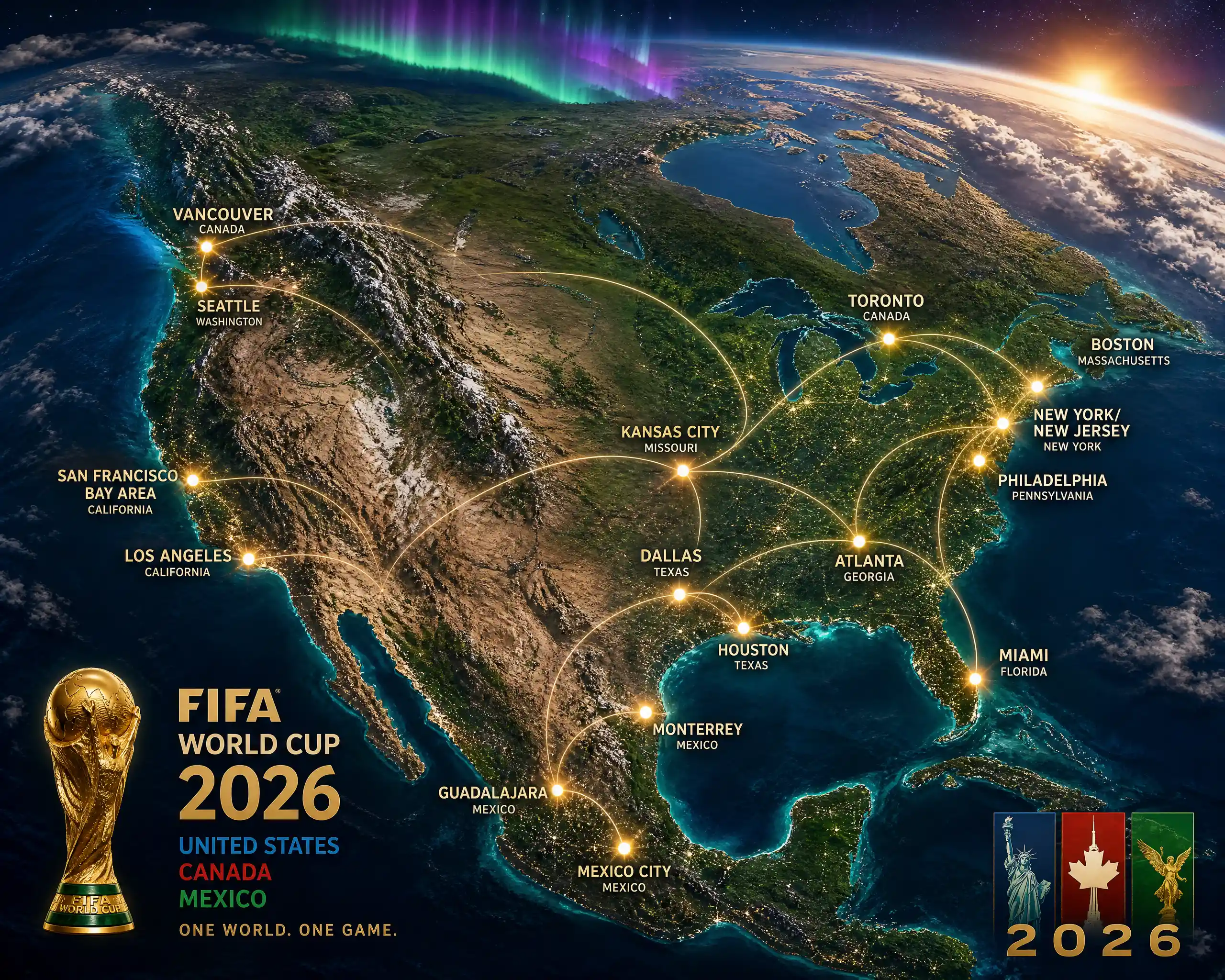 Mapa mundial surreal de los países anfitriones del Mundial 2026