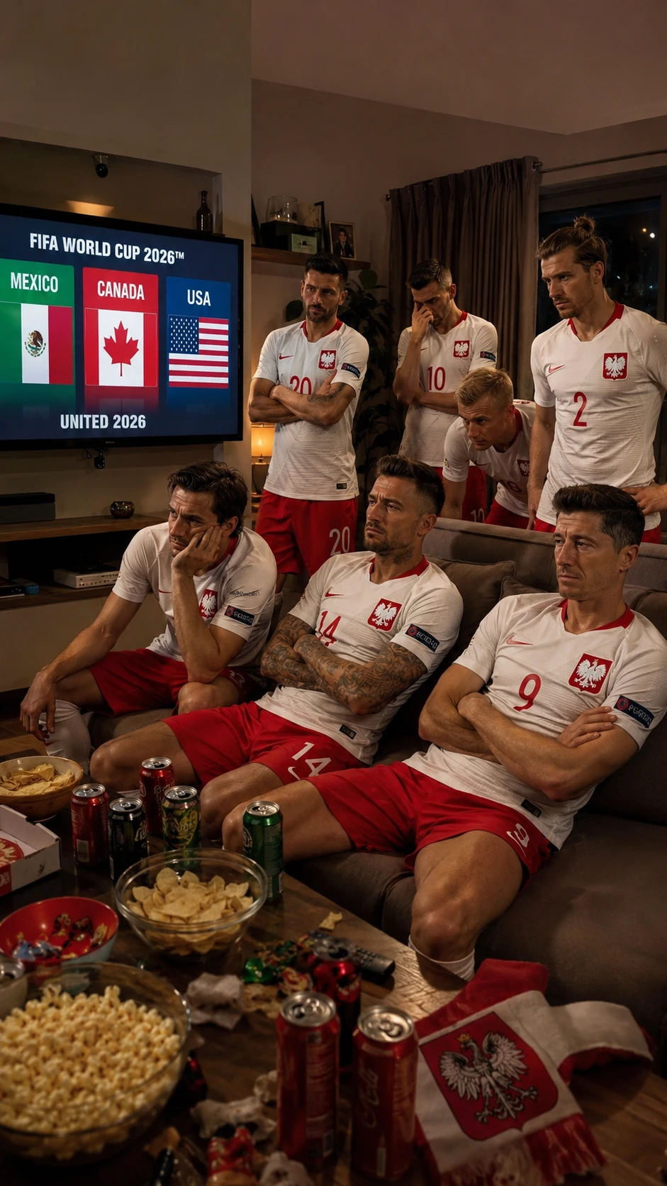 Fußballspieler schauen die Weltmeisterschaft auf einem Sofa im Wohnzimmer