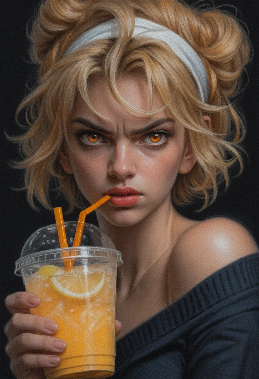 Defiant blonde girl with lemonade in dramatic close up portrait