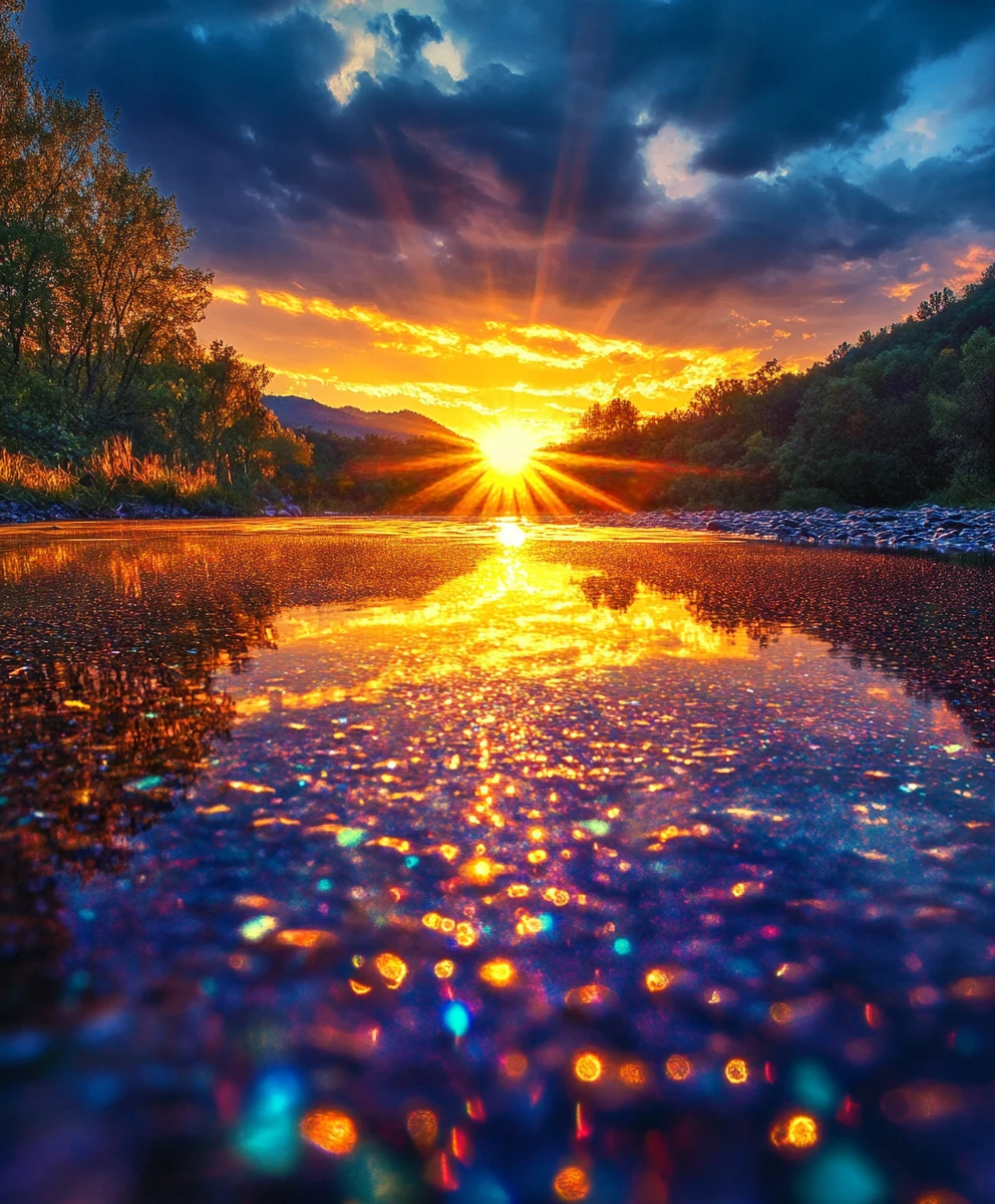 Luce dell'alba che danza su un fiume scintillante nel bosco