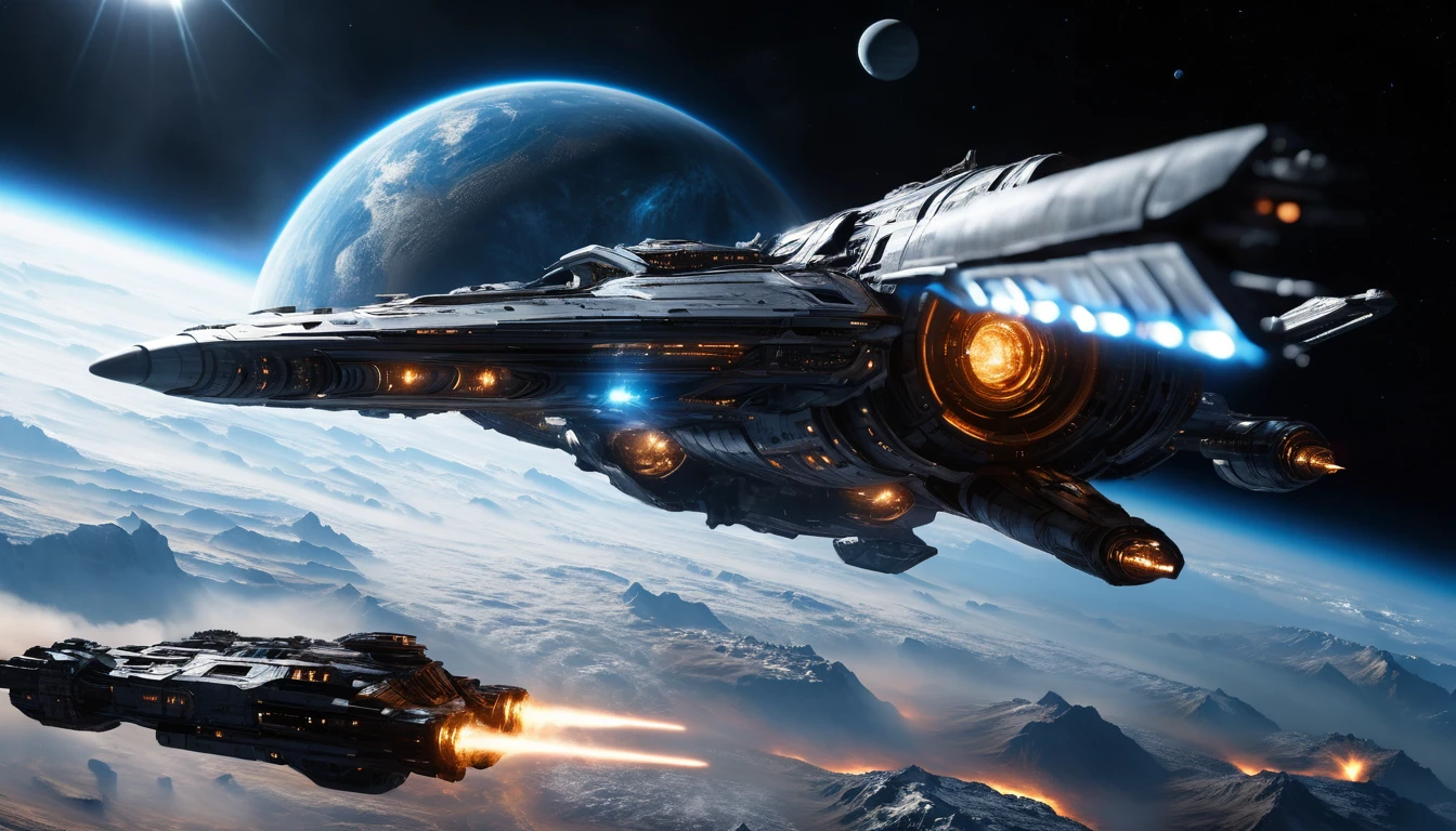Futuristic battleship orbiting a giant blue gas planet