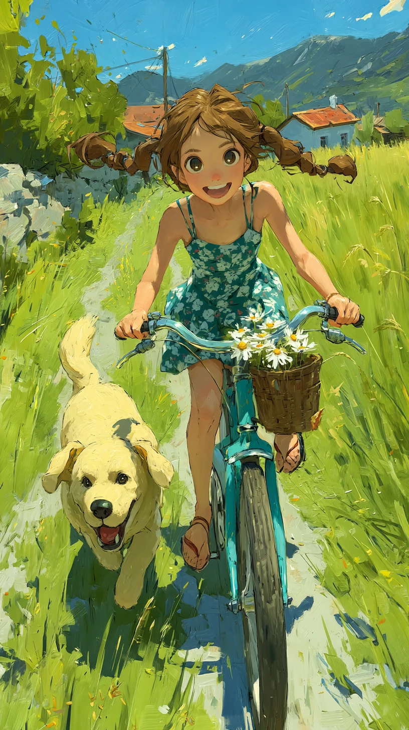 Petite fille à vélo avec son chien sur une route de campagne ensoleillée