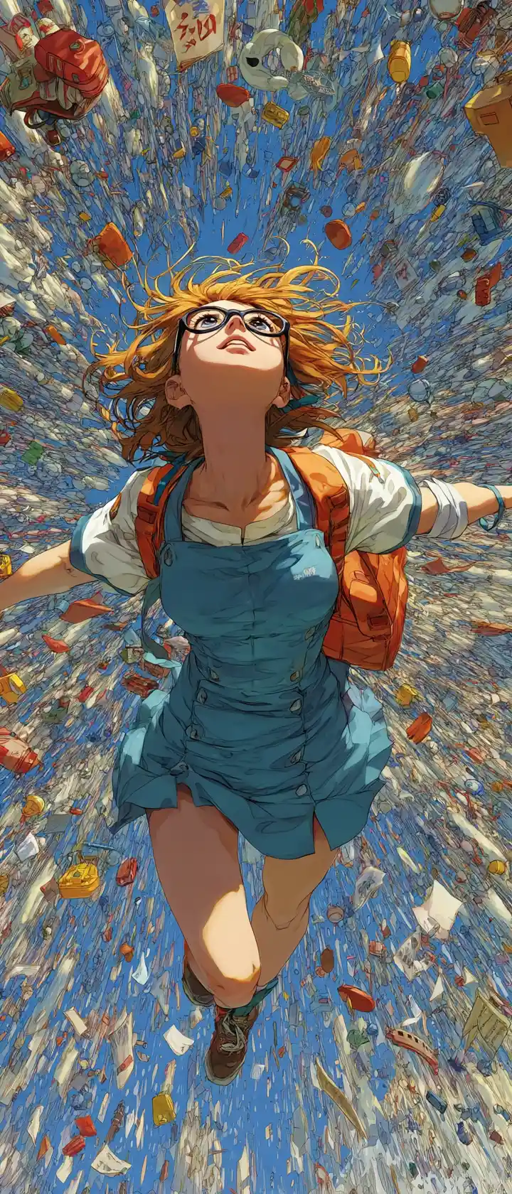 Anime schoolgirl jumping through swirling colorful objects