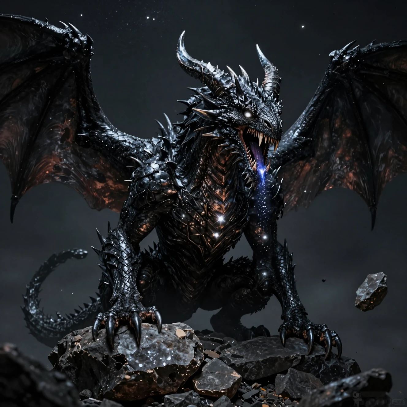 Ancien dragon noir sur un astéroïde brisé dans l’espace