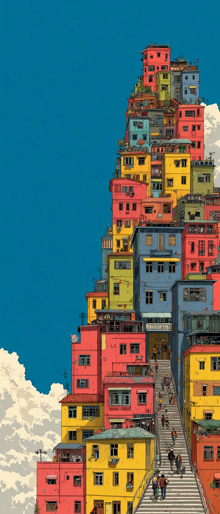 Ciudad vertical fantasiosa con edificios con carácter y diminutos escaladores