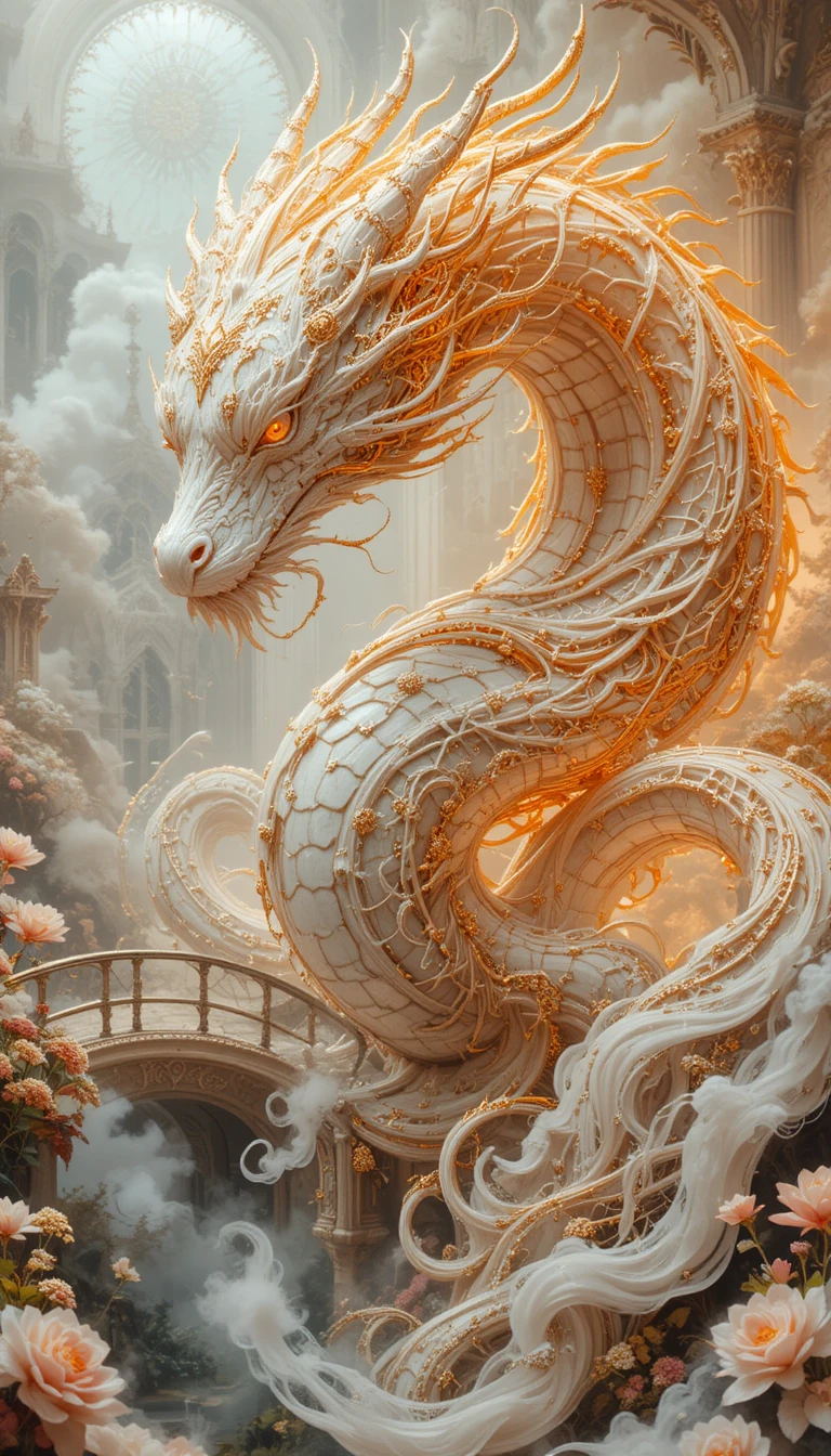 Esprit de dragon blanc gracieux près d’un pont de palais fantastique