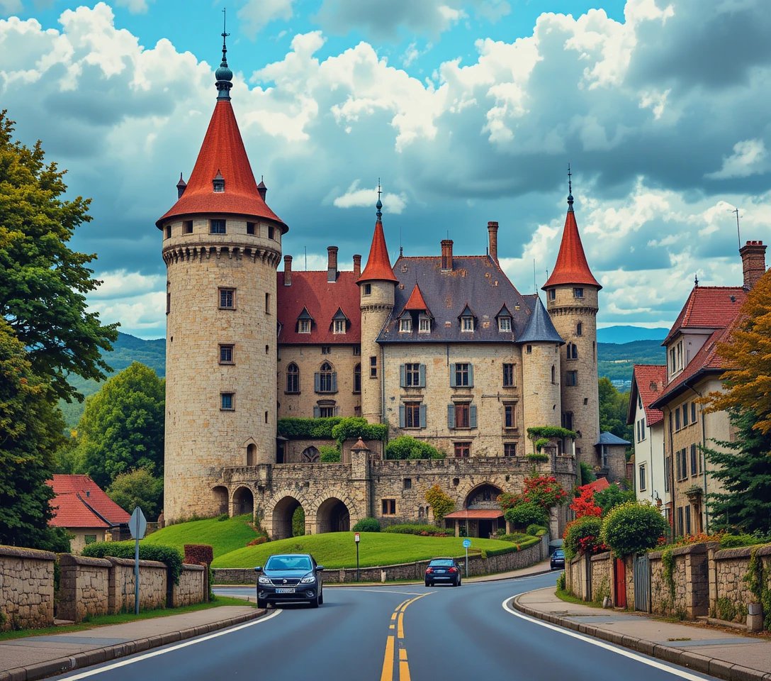 Château médiéval en pierre au‑dessus d’une rue calme de village français