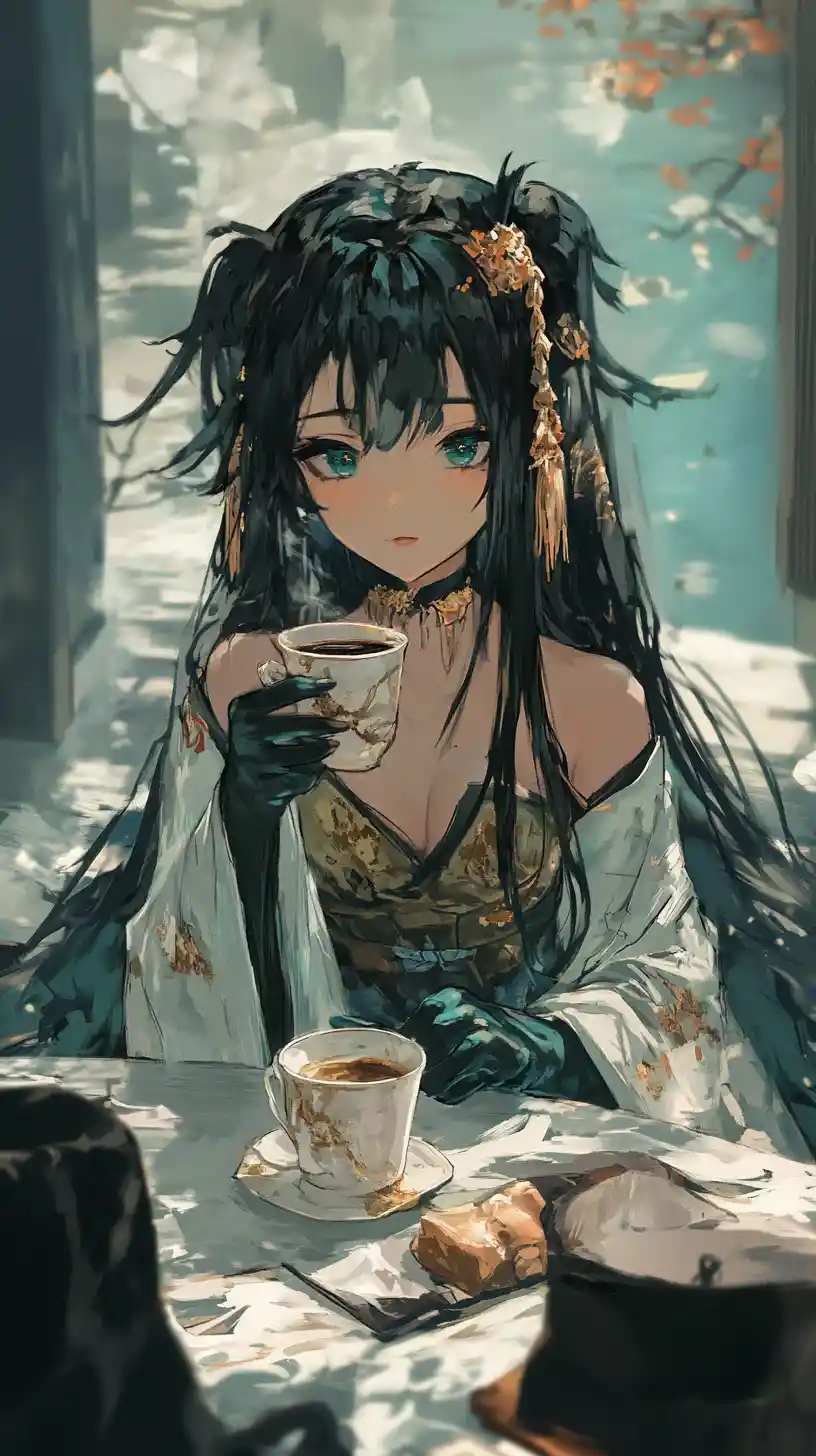 Anime-Mädchen trinkt Kaffee an einem verzierten Eistisch